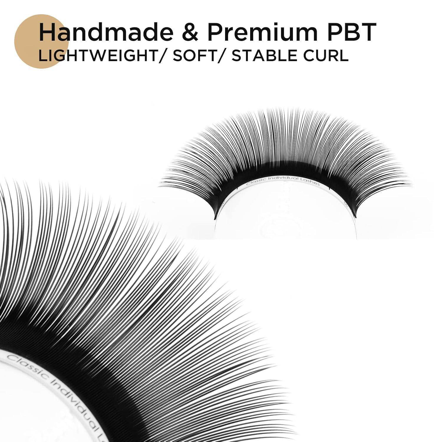 Werbebild von zwei Streifen künstlicher Wimpern mit den Bezeichnungen „Handmade & Premium PBT