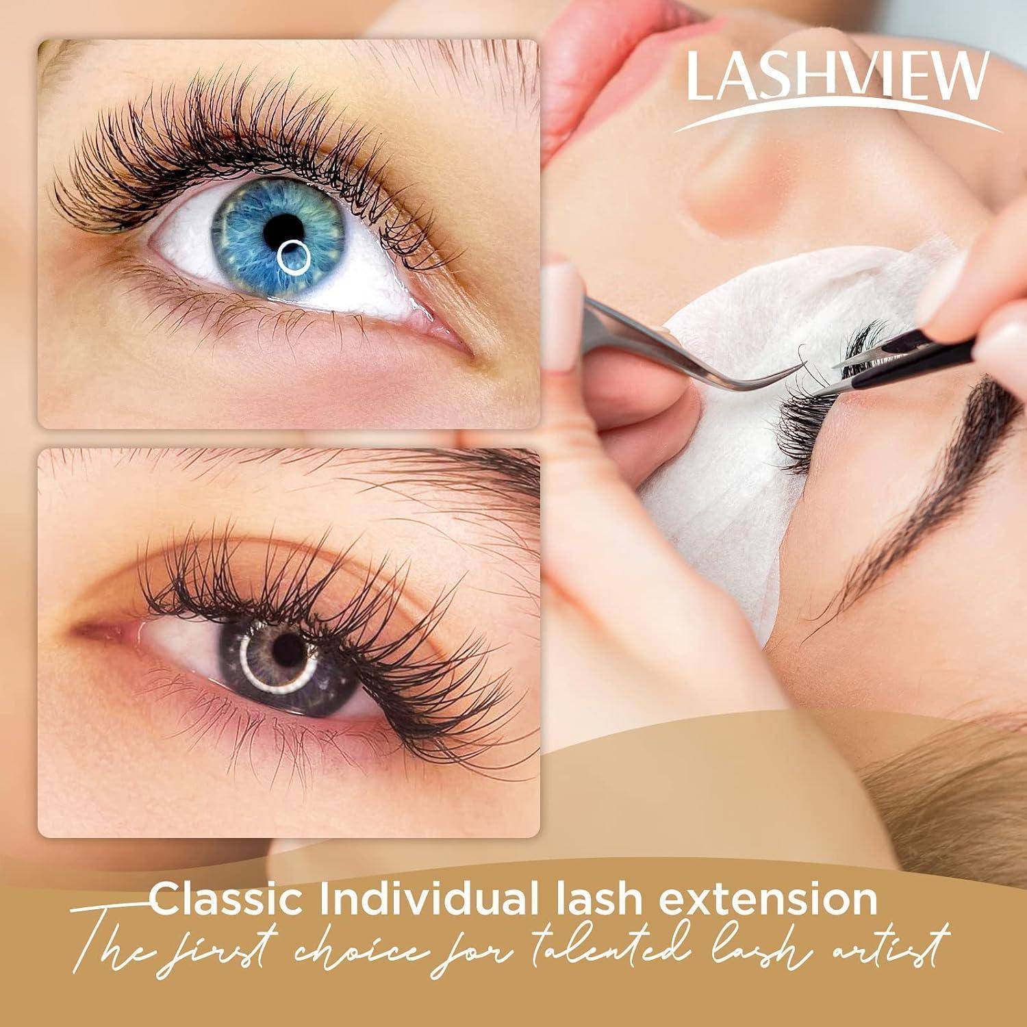 Collage, das eine Wimpernkünstlerin zeigt, die einzelne Wimpernverlängerungen anbringt, mit Nahaufnahmen eines blauen Auges und einem fertigen voluminösen Wimpernlook; Text liest „LASHVIEW
