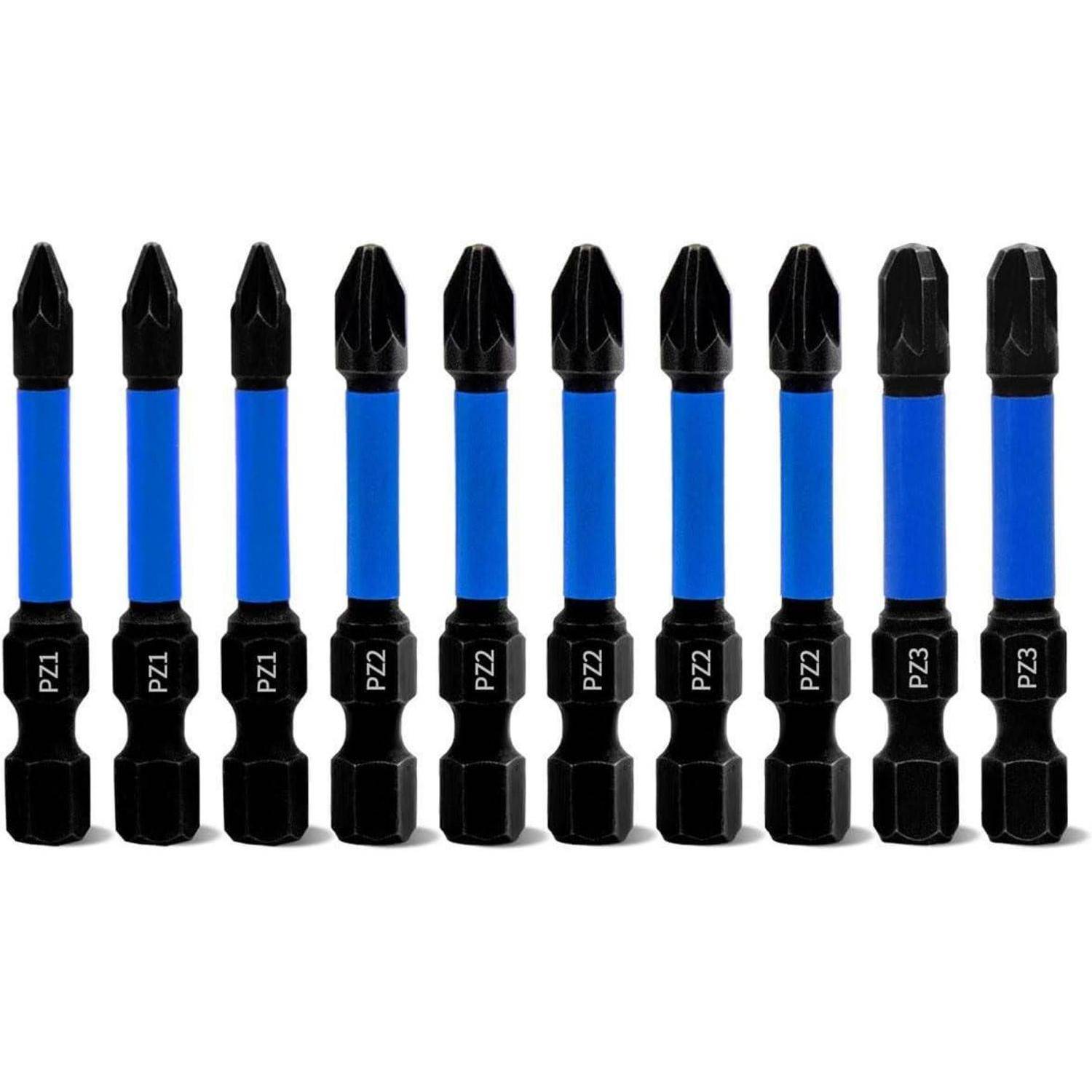 Zehn blau-schwarze Schraubendreher-Bits, die in einer Reihe aufrecht auf weißem Hintergrund stehen, beschriftet mit PZ1, PZ2 und PZ3.