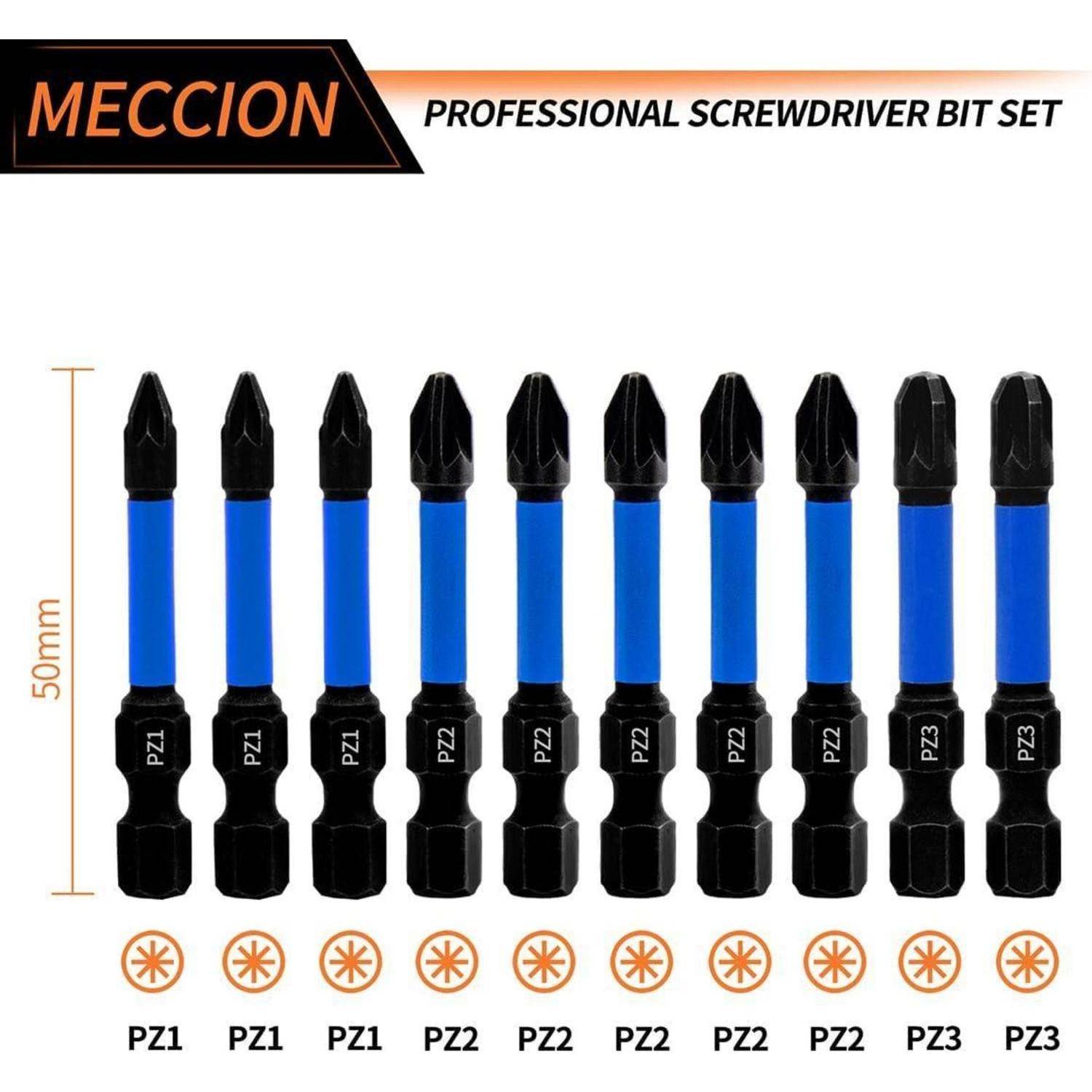 Meccion professionelles Schraubendreher-Bitset mit 10 blau-schwarzen Bits, 50 mm lang, beschriftet mit PZ1, PZ2 und PZ3.
