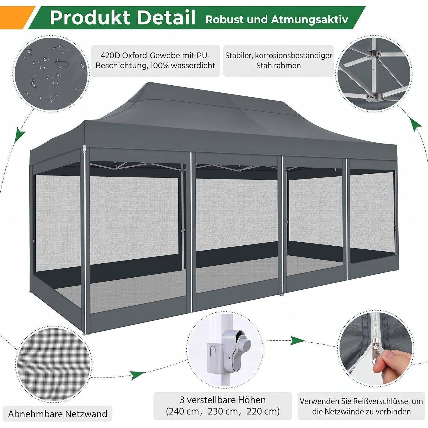 Produktdetails eines grauen Pop-up-Pavillons mit Netzseiten, das wasserdichtem 420D-Oxford-Stoff, rostbeständigem Stahlrahmen, abnehmbaren Netzwänden, verstellbaren Höhen und Reißverschlussverschluss zeigt.