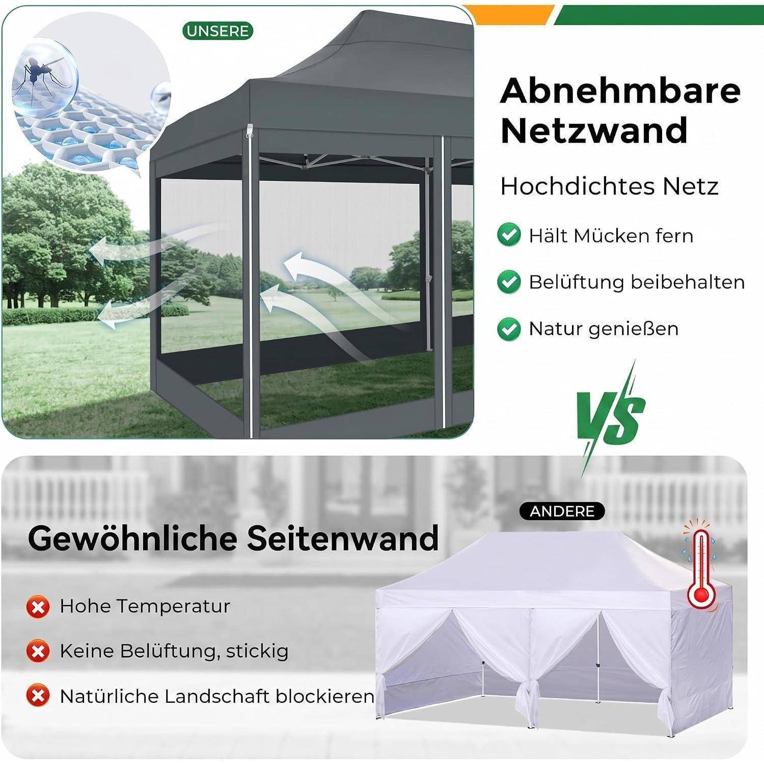 Vergleichsgrafik einer Seitenwand eines Pop-up-Zeltes: „UNSERE abnehmbare Netzwand