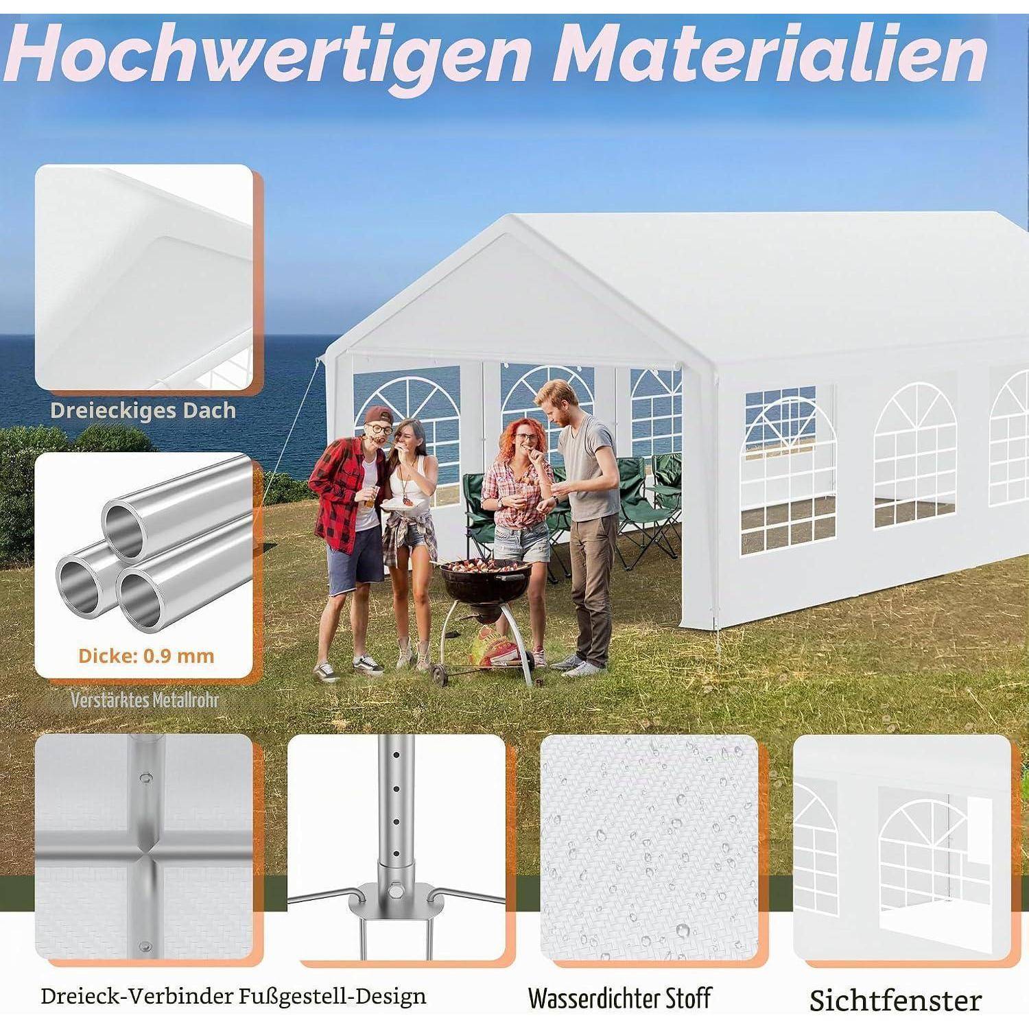 Werbeanzeige für ein weißes Partyzelt für den Außenbereich mit Spitzdach, gewölbten Fenstern und Bildern, die Materialien, 0,9 mm verstärkte Metallrohre, wasserdichtes Gewebe und durchsichtige Fenster hervorheben.