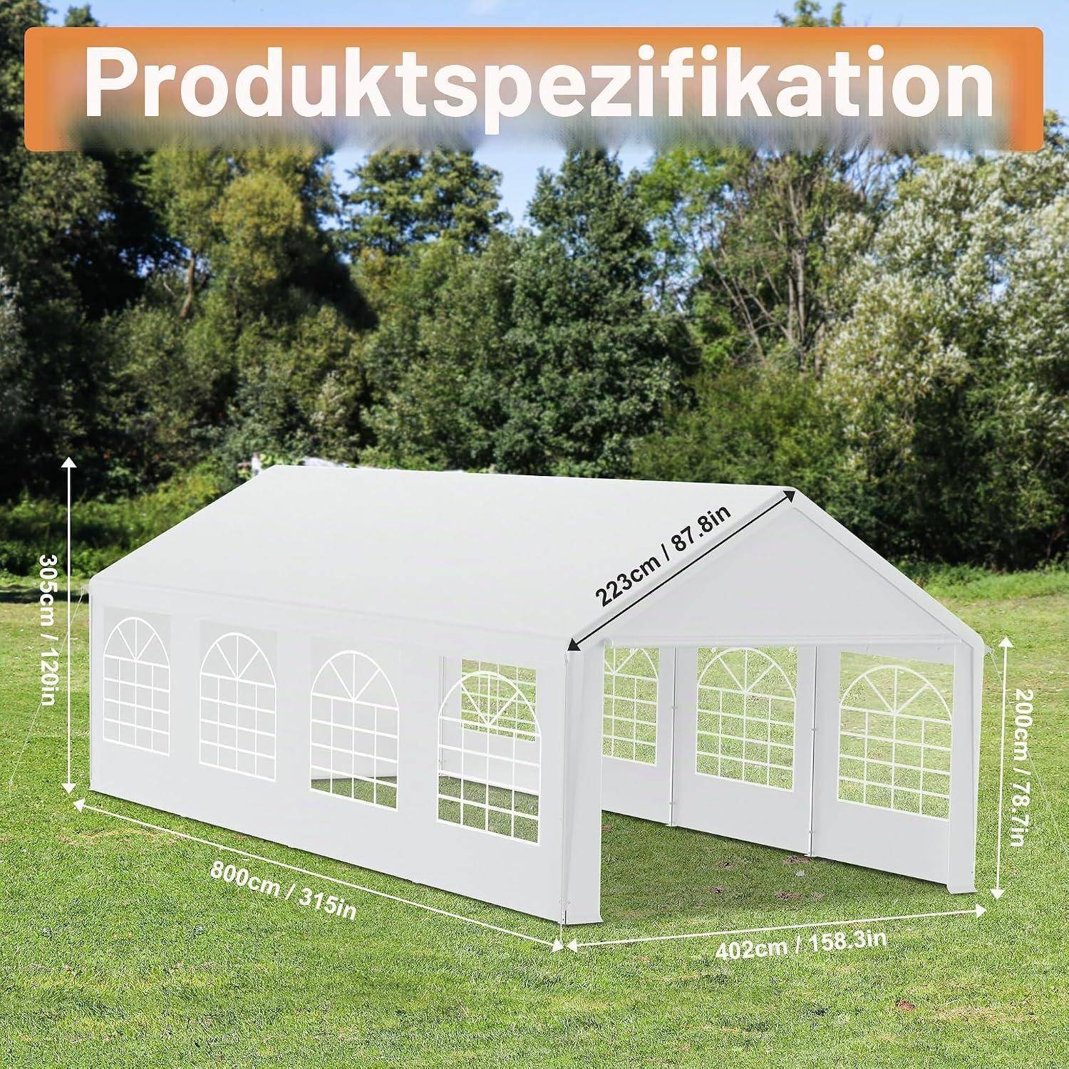 Produktspezifikationsbild eines weißen Outdoor-Pavillon-Zelts mit Abmessungen von 800 cm Länge, 402 cm Breite, 305 cm Höhe, 223 cm Dachlänge und 200 cm Seitenhöhe.