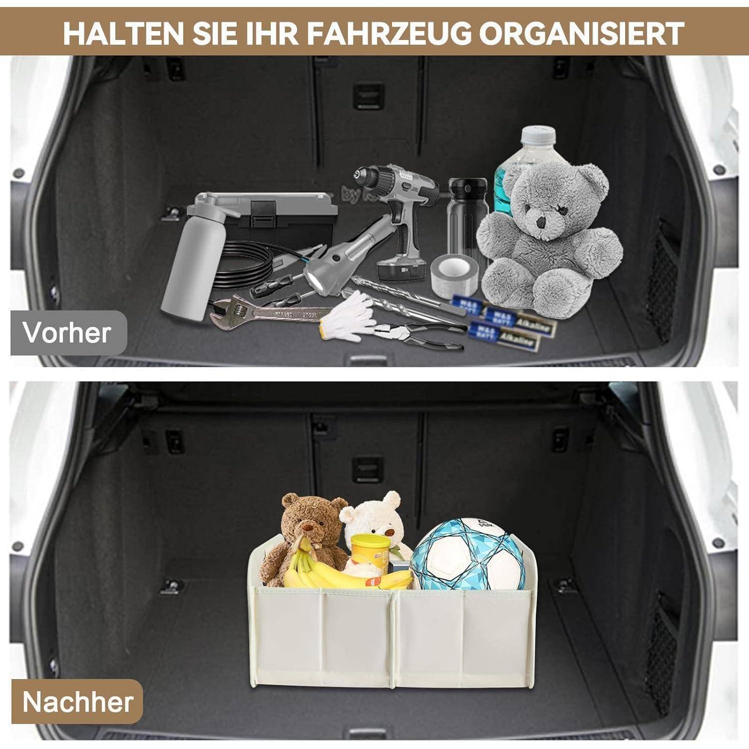 Vorher-und-Nachher eines Autokofferraums: oben zeigt sich ein ungeordnetes Durcheinander von Werkzeugen und Gegenständen mit der Beschriftung 'Vorher'; unten ist eine organisierte Aufbewahrungsbox mit Spielzeugen zu sehen, gekennzeichnet mit 'Nachher'.