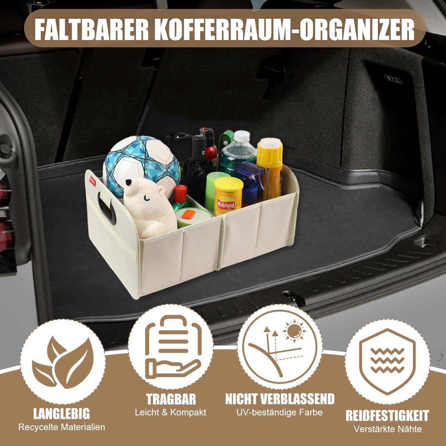 Kofferraum-Organizer in Beige mit Spielzeugen und Flaschen, mit deutschem Text, der ihn als langlebig, tragbar, UV-beständig und reißfest bewirbt.