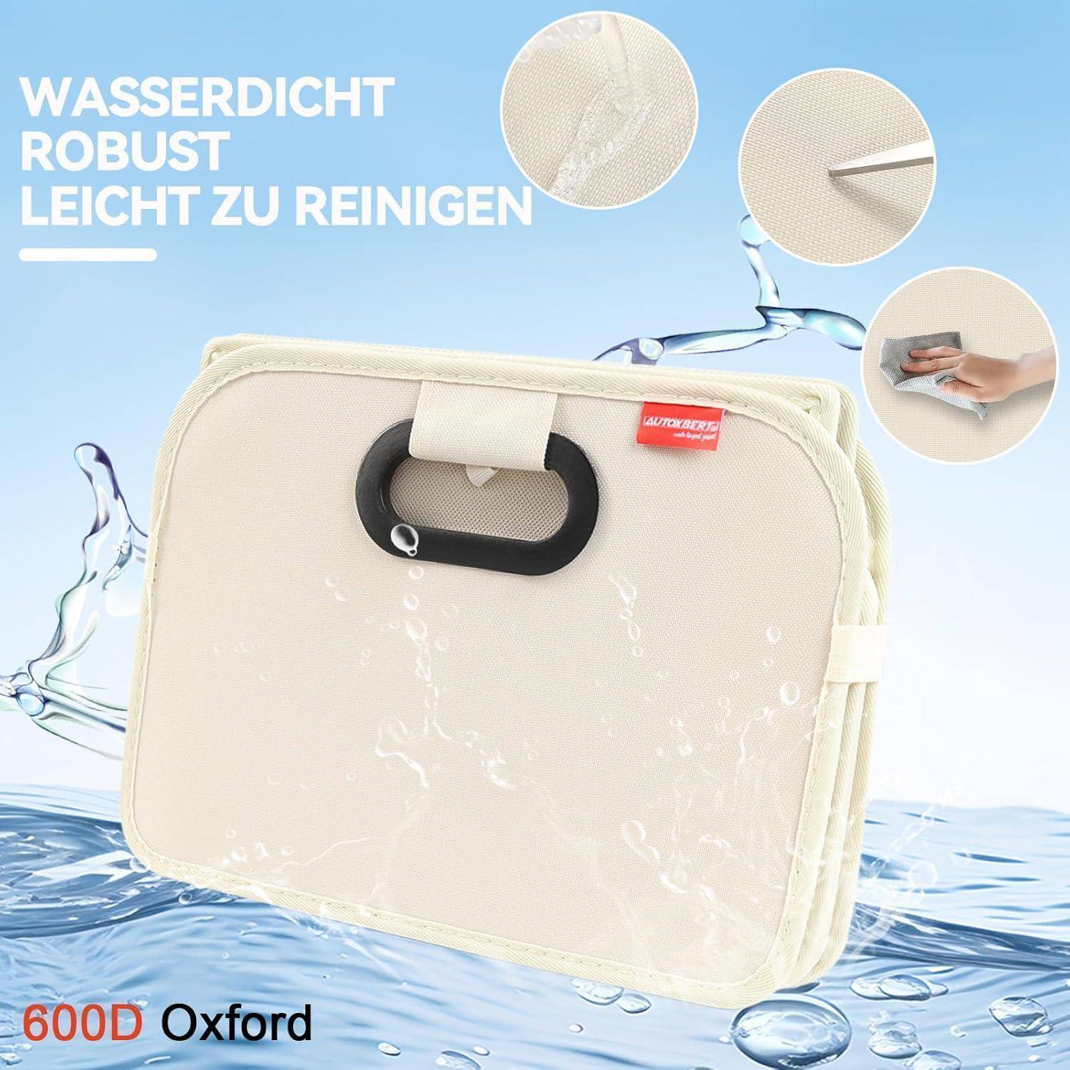Beige wasserfeste Tragetasche mit Reißverschluss und schwarzem Griff, gezeigt im Wasser mit deutschem Text: 'WASSERDICHT ROBUST LEICHT ZU REINIGEN' und '600D Oxford'.