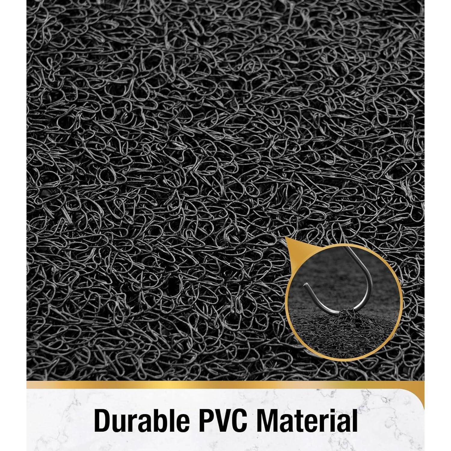 Nahaufnahme einer schwarzen Spulenmattenfläche mit einer kreisförmigen Vergrößerung, die einen Haken zeigt, beschriftet mit „Langlebiges PVC-Material".