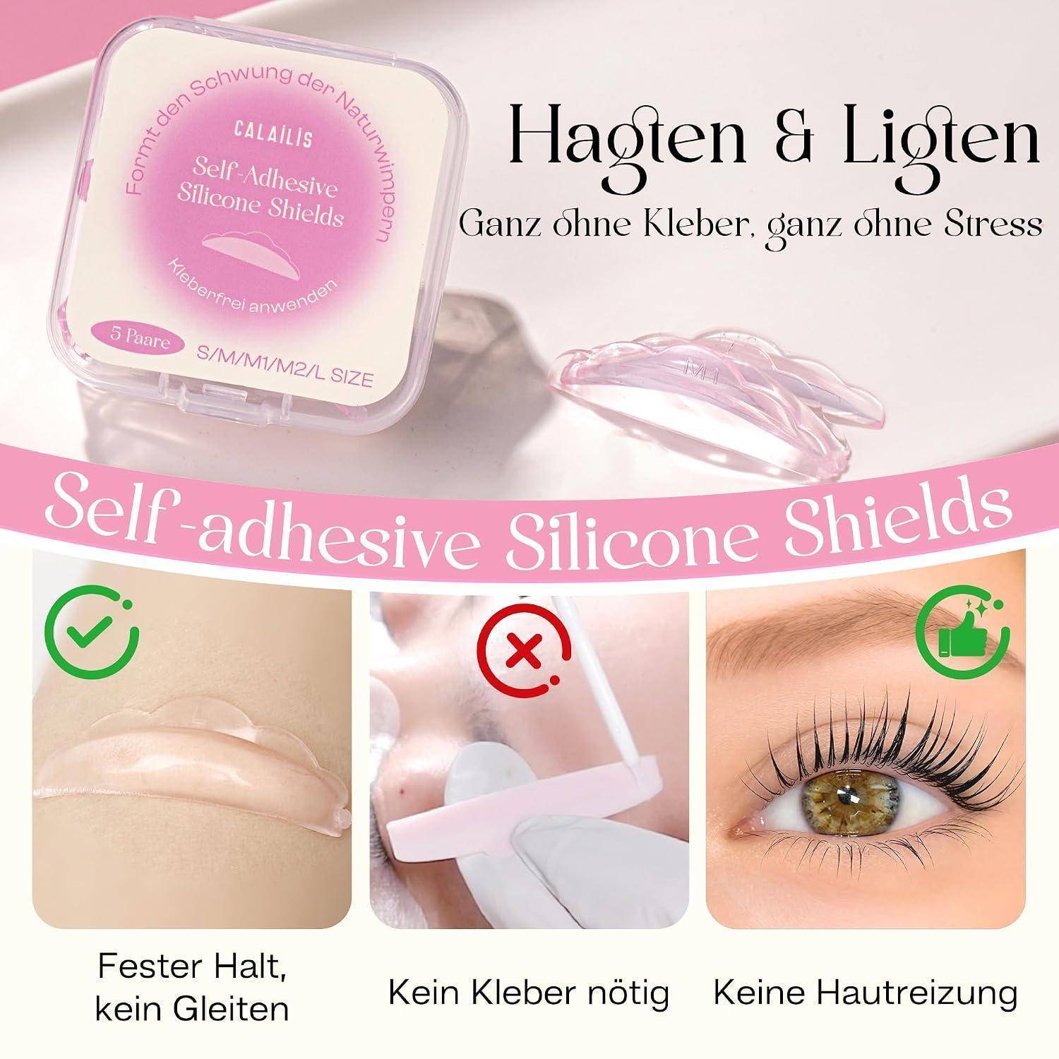Werbung für rosafarbenes CALLAIS Produkt, das selbstklebende Silikon-Schutzmittel zeigt, mit einer Schachtel und drei Anwendungstafeln: sicherer Halt, kein Kleber erforderlich und keine Hautreizung; deutscher Text sagt „Halten & Liegen