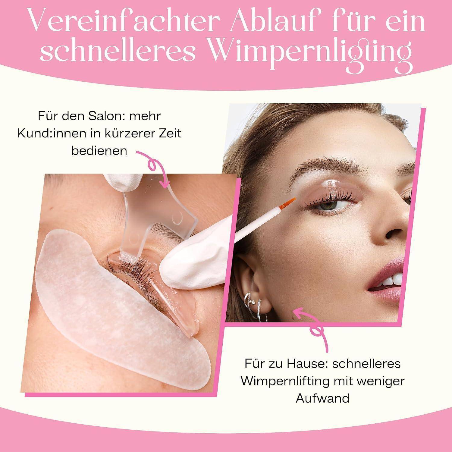 Werbegrafik auf Deutsch, die einen schnelleren Wimpernlifting-Prozess zeigt, mit Panels für Salon- und Heimanwendung einer Augenbehandlung und Modell bei der Produktanwendung.