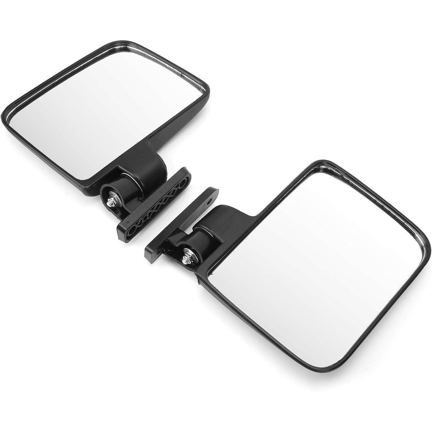 Paar schwarzer verstellbarer Seitenspiegel mit quadratischen reflektierenden Spiegelflächen, auf weißem Hintergrund separat dargestellt.