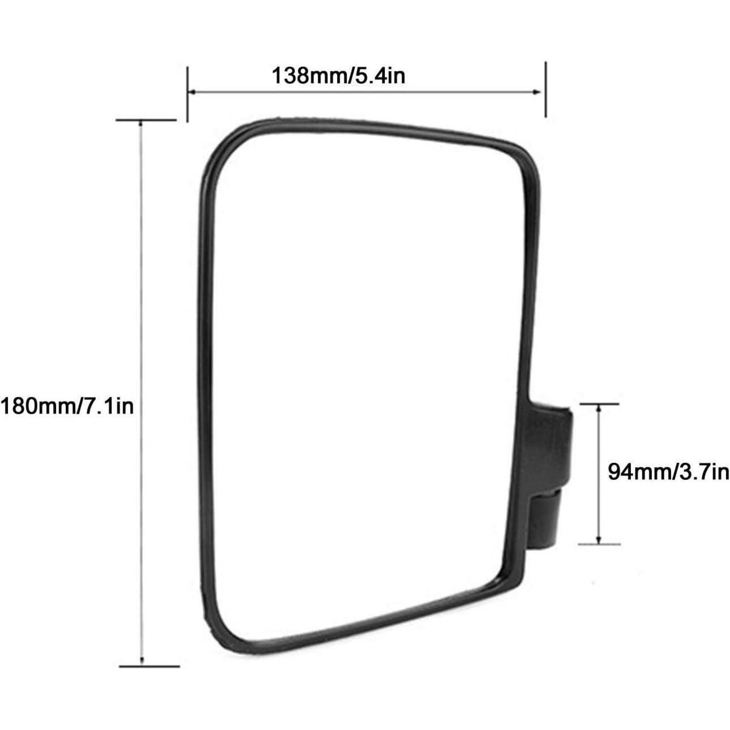 Abmessungsdiagramm eines rechteckigen schwarzen Seitenspiegelrahmens: 180 mm Höhe, 138 mm Breite, mit 94 mm Seitenmontage.