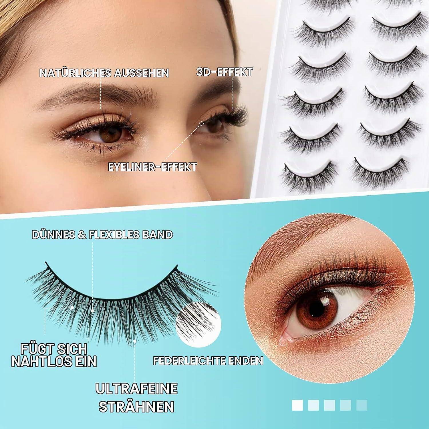 Werbegrafik für künstliche Wimpern mit dem Auge einer Frau, Wimpernsets und Beschriftungen auf Deutsch: natürliches Aussehen, 3D-Effekt, Eyeliner-Effekt, dünnes flexibles Band, nahtlose Passform, federleichte Spitzen, ultrafeine Strähnen.