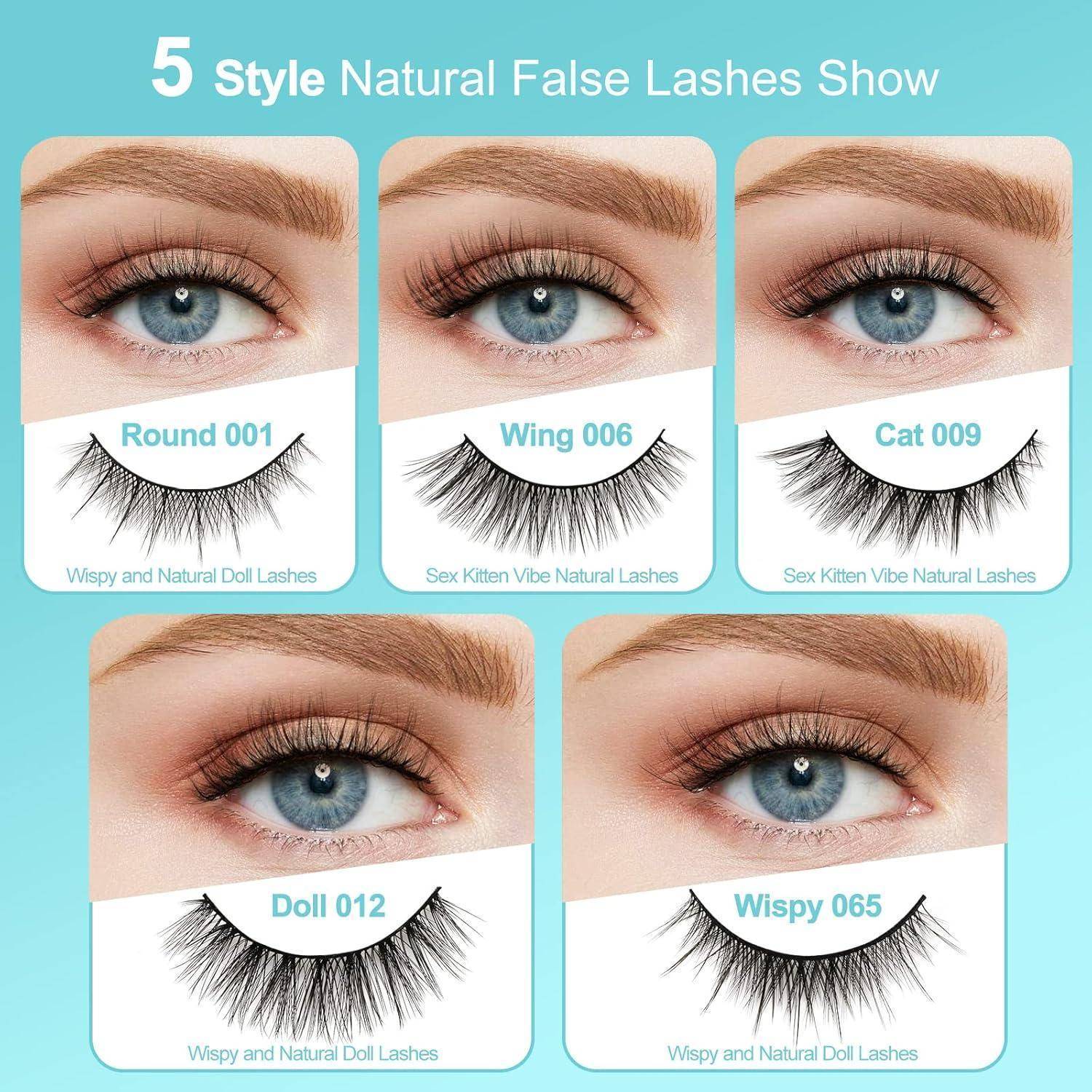 Produktvergleichsbild mit fünf natürlichen Wimpernstilen auf einem Auge: Round 001, Wing 006, Cat 009, Doll 012 und Wispy 065.