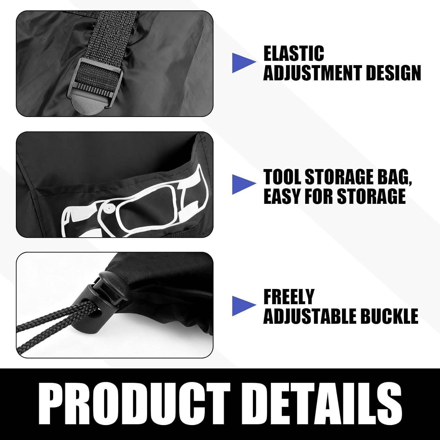 Produktdetailgrafik mit einem elastischen Verstellriemen, einer Werkzeugspeichertasche und einer frei verstellbaren Schnalle.
