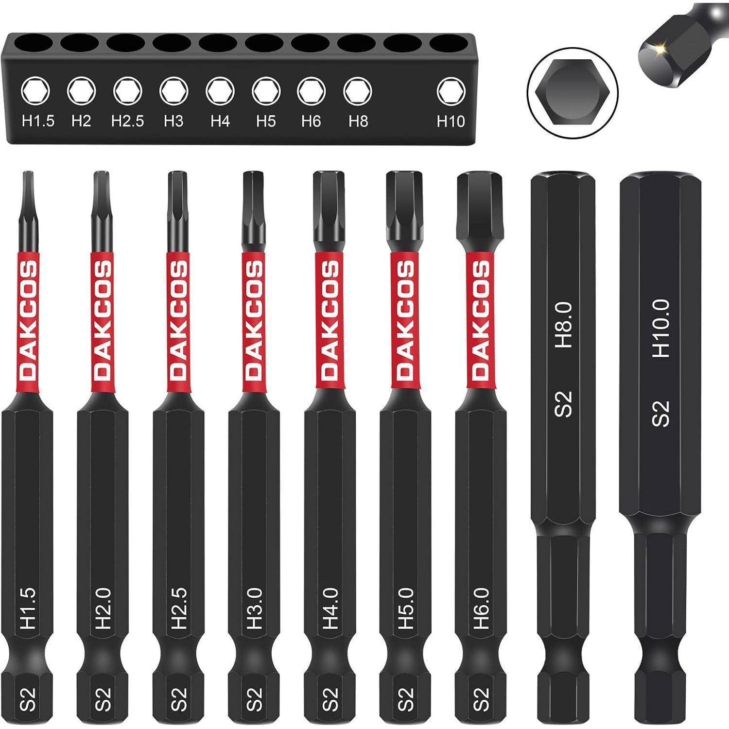 Satz von DAKCOS Sechskant-Bit-Steckern in den Größen H1,5 bis H10, mit einem Sechskant-Bit-Steckerhalter mit angegebenen Größen.