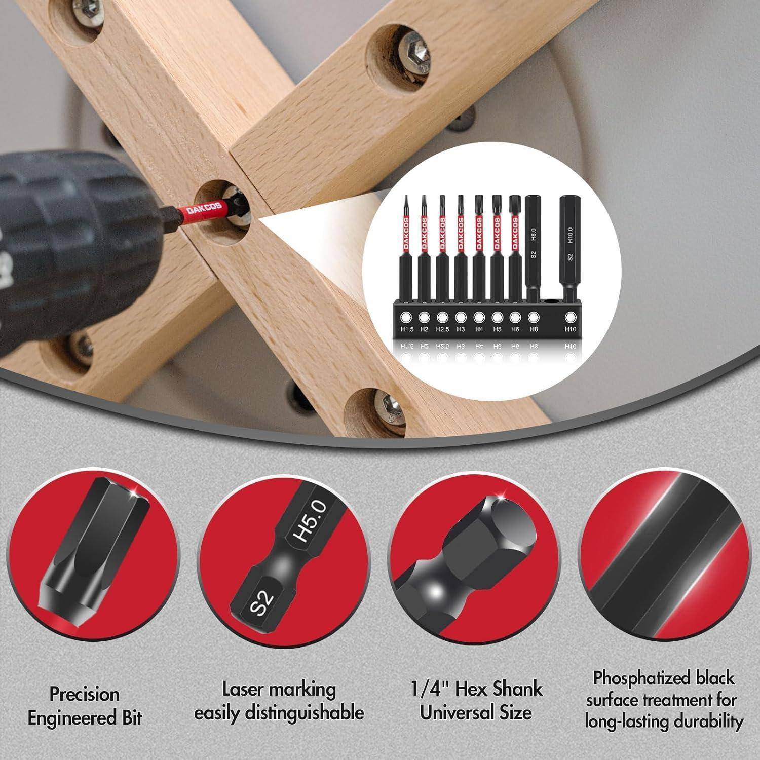Angebot für einen 9-teiligen Schraubendreher-Bit-Satz mit einer Bohrmaschine, die einen Bit ins Holz treibt, sowie Nahaufnahmen der Bits und Merkmale: präzisionsgefertigt, lasergraviert, 1/4