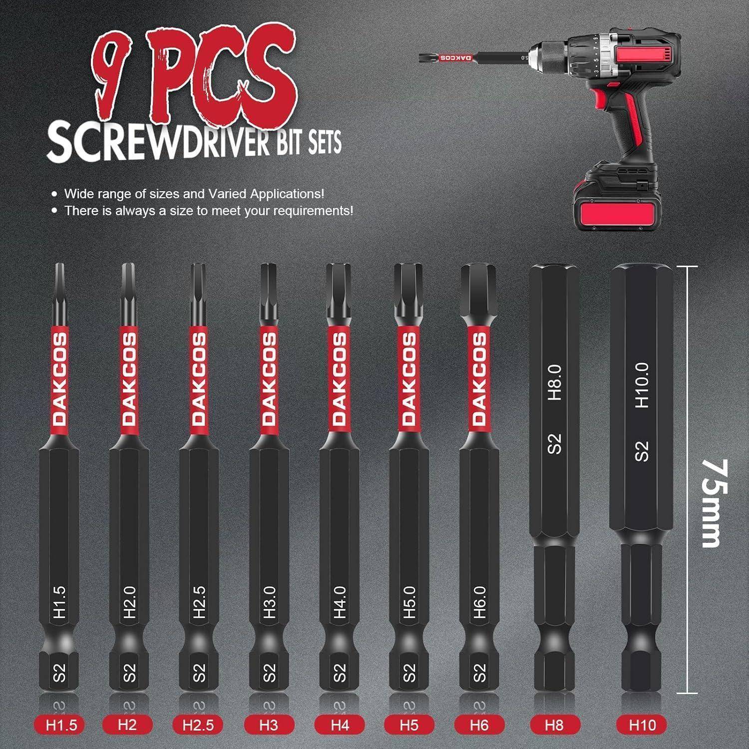 9-teiliges Schraubendreher-Bit-Set mit Phillips-, Torx- und Sechskant-Bits für einen Akku-Bohrschrauber, gekennzeichnet mit Größen H1,5 bis H10 und 75 mm Länge.