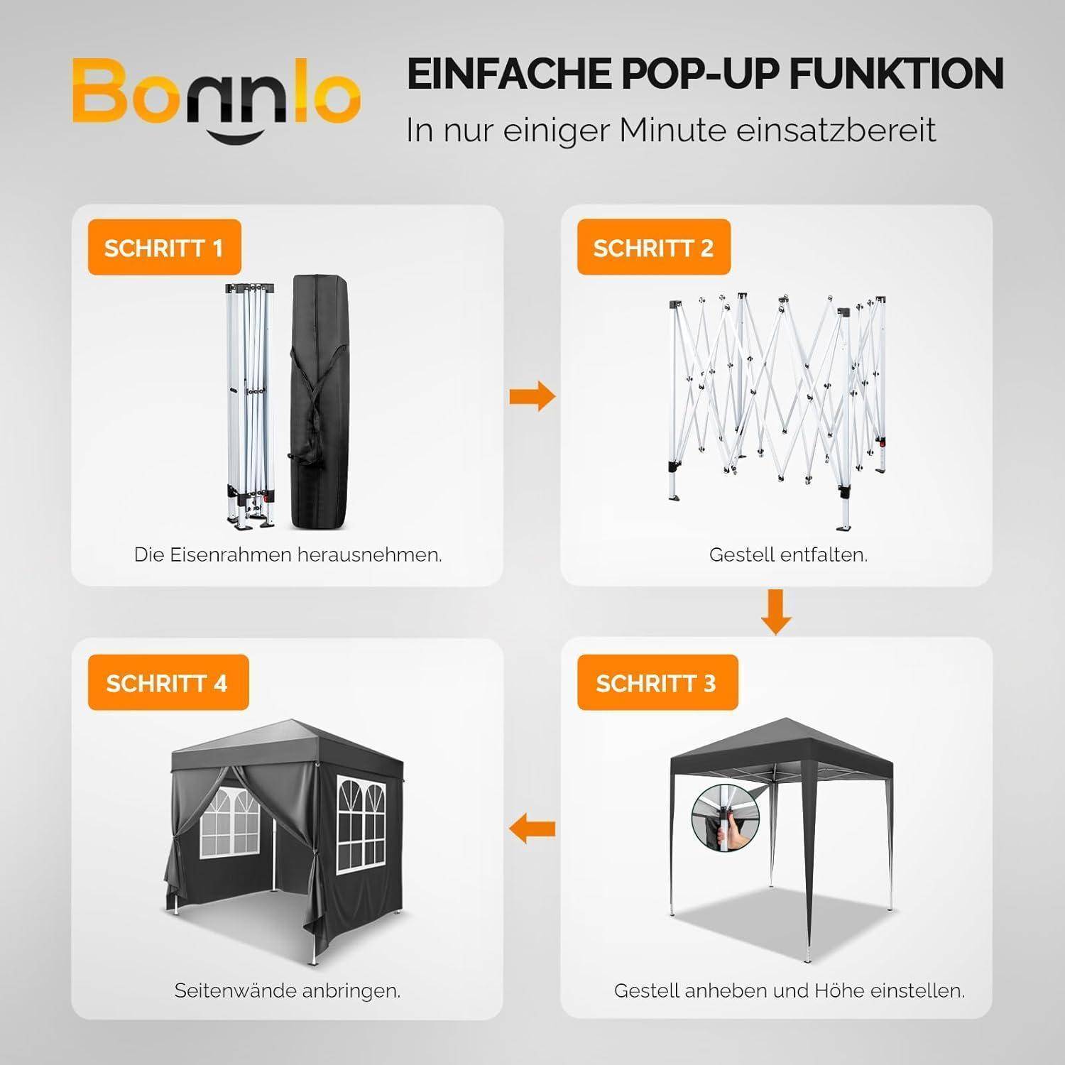 Anleitung zur Aufstellung eines Pop-up-Pavillons in 4 Schritten: Rahmen entnehmen, Rahmen ausklappen, Höhe erhöhen und einstellen, dann Seitenwände anbringen.