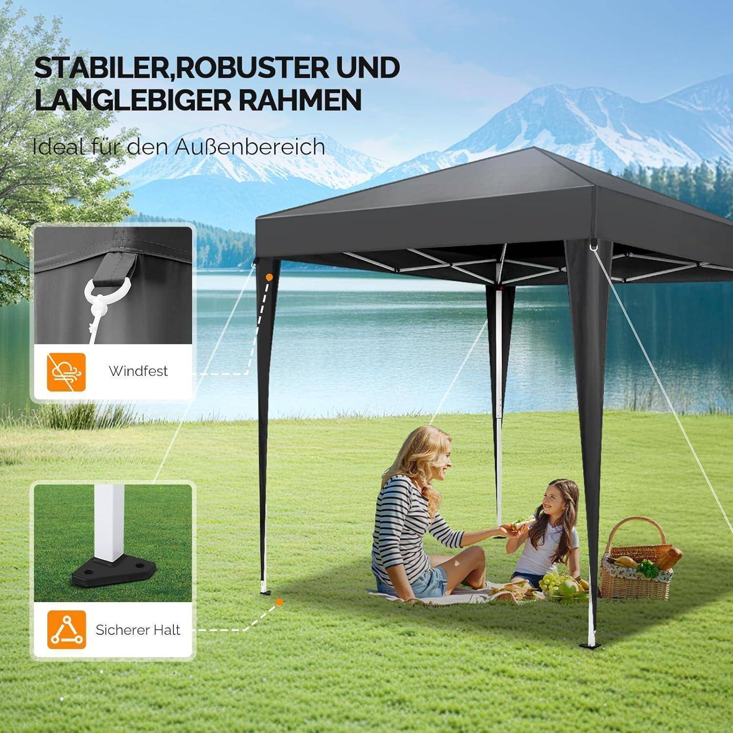 # Werbung für ein robustes Outdoor-Pavillon-Zelt mit stabilem, robustem und dauerhaftem Gestell; eingefügte Beschriftungen heben die Eigenschaften „winddicht" und „sichere Befestigung"" hervor.