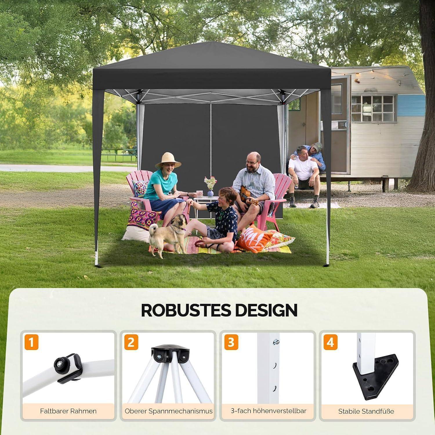Pavillon-Zelt zum Schutz einer Familie im Freien, mit eingefügten Produktbildern und deutschen Bezeichnungen, die folgende Merkmale hervorheben: klappbarer Rahmen, Spannmechanismus am Dach, verstellbare Höhe und stabile Füße.