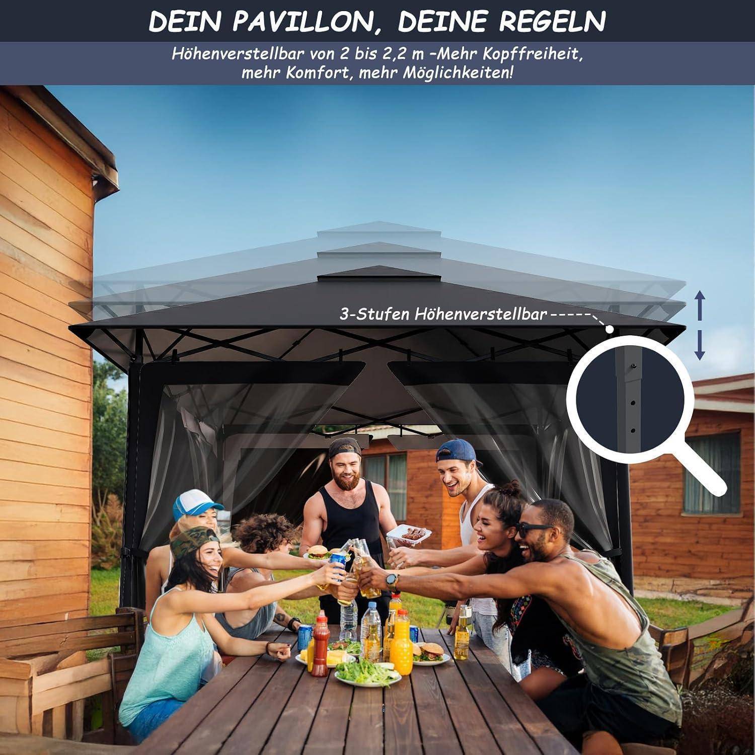 Eine Anzeige zeigt einen grauen Pop-up-Pavillon über einem Picknicktisch mit Menschen, die anstoßen; der Text lautet „DEIN PAVILLON, DEINE REGELN" und die Höhe ist von 2 bis 2,2 m verstellbar.
