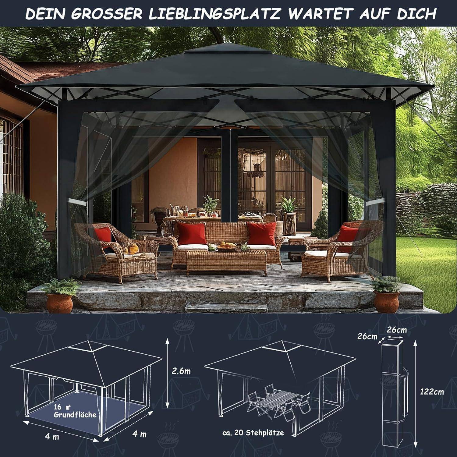 Soontrans Gartenpavillon 3x3m, Geschützter Sommerraum im Garten, Faltpavillon mit 4 Moskitoseitenwänden &amp; Tragetasche, UV-Schutz, 3-Stufen Höhenver