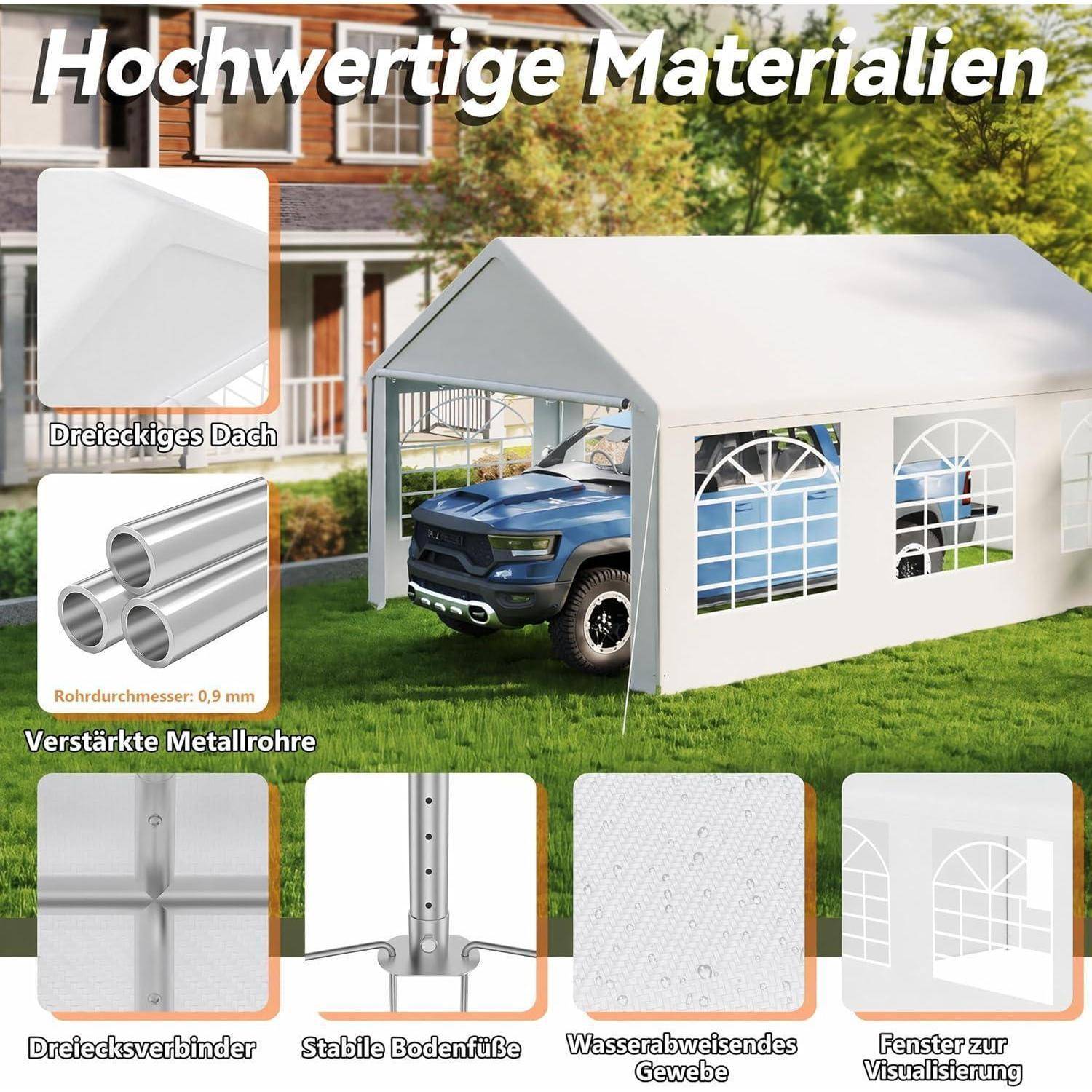 Werbebild eines weißen Carports/Zeltes mit einem Lastwagen innen, beschriftet mit „Hochwertige Materialien", das Dreiecksdach, verstärkte Metallrohre, Querverbinder, stabile Füße, wasserdichte Abdeckung und Fenster hervorhebt.