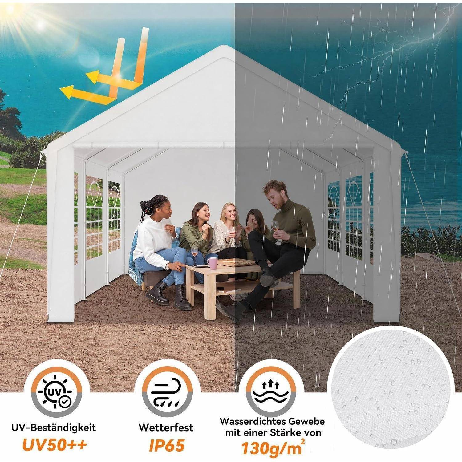 Partyzelt mit vier Personen im Inneren, geteiltes Bild mit UV-Schutz in der Sonne auf der linken Seite und Regen auf der rechten Seite; Etiketten lauten „UV-Beständigkeit UV50++", „Wetterfest IP65"" und „Wasserdichtes Gewebe 130g/m²"".