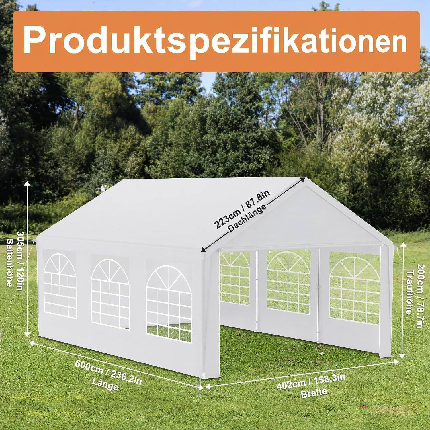 Produktspezifikationen-Grafik für ein weißes Zelt mit Abmessungen: 600 cm Länge, 402 cm Breite, 305 cm Seitenhöhe, 223 cm Dachlänge und 200 cm Türhöhe.