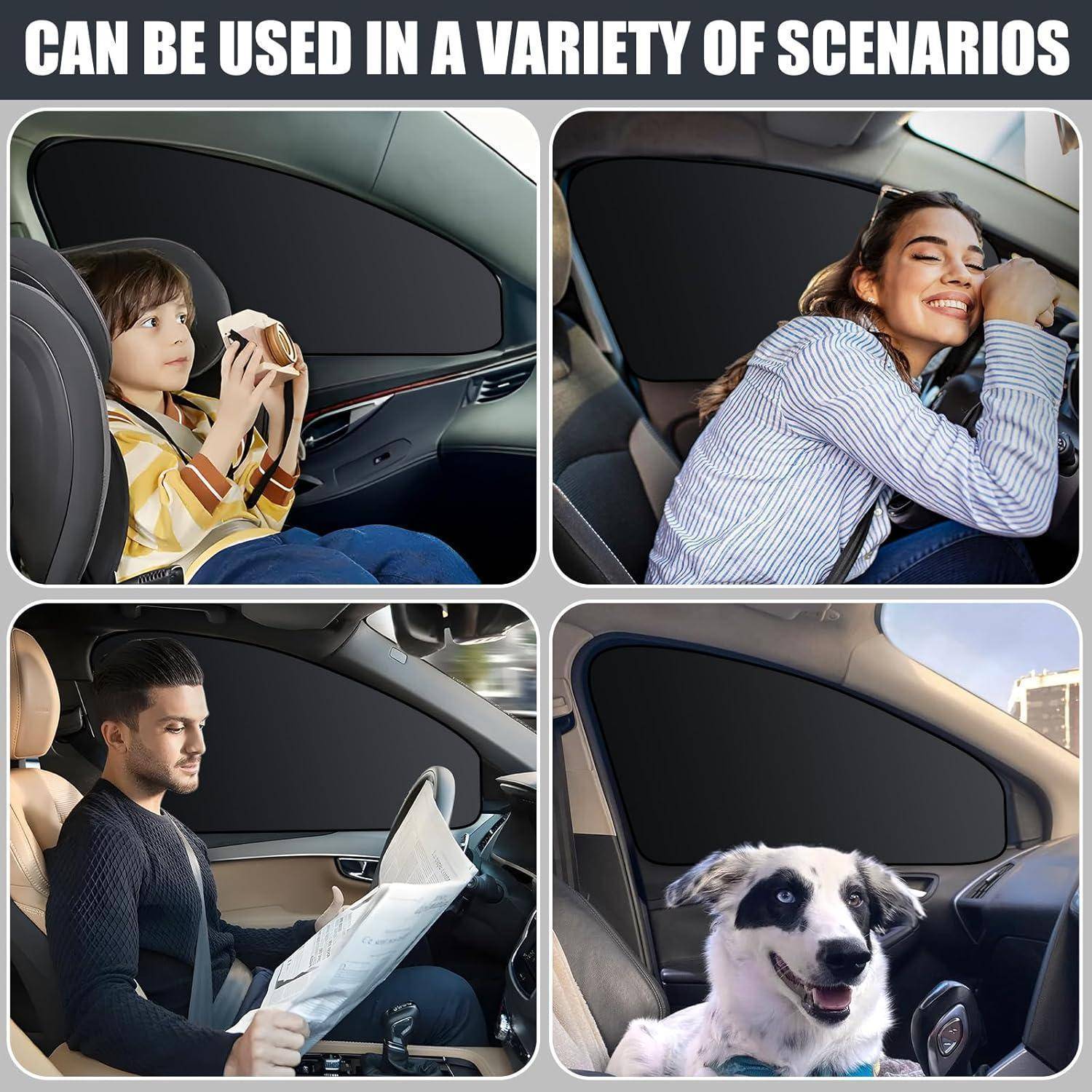 Vierfach-Fenster-Sonnenschutz-Anzeige für Autos, die ein Kind, eine lächelnde Frau, einen lesenden Mann und einen Hund in einem Auto zeigt, mit dem Text 