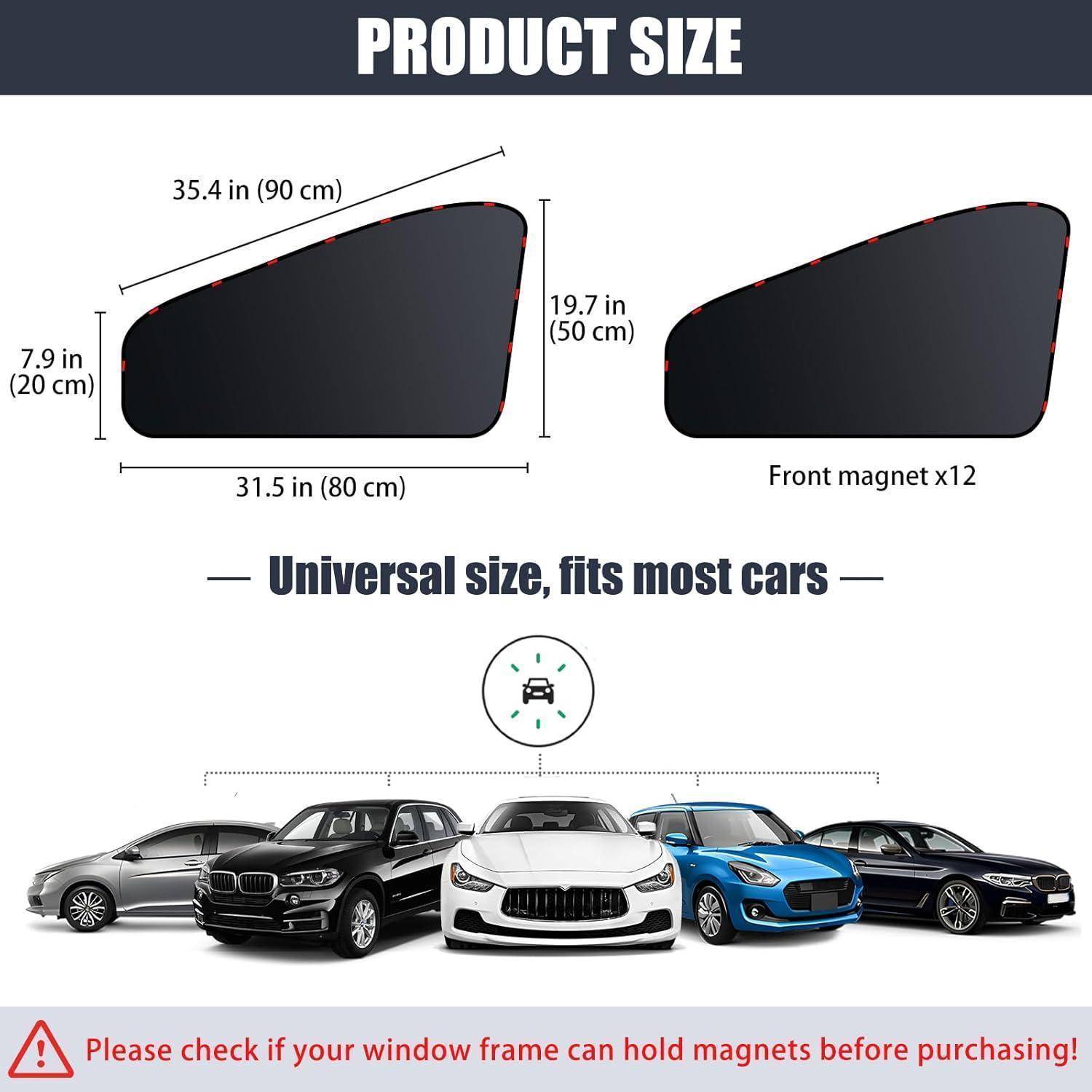 Größendiagramm für einen universellen Autofenster-Sonnenschutz: Hauptpaneel 35,4 x 19,7 Zoll, vordere Magnete x12, passt zu den meisten Autos, mit Warnung, das Fensterrahmen auf Magnete zu überprüfen.