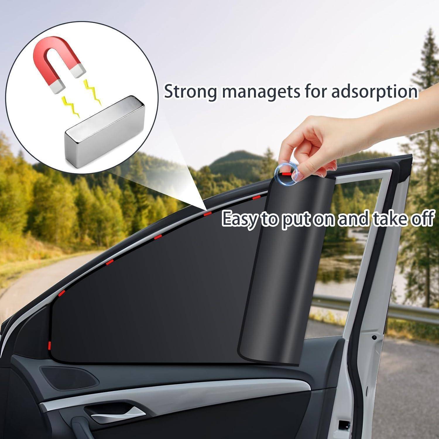 Sonnenblende für Autofenster mit magnetischer Befestigung, mit Vergrößerung, die starke Magnete zur Adsorption zeigt, und Text „Einfach anzubringen und abzunehmen