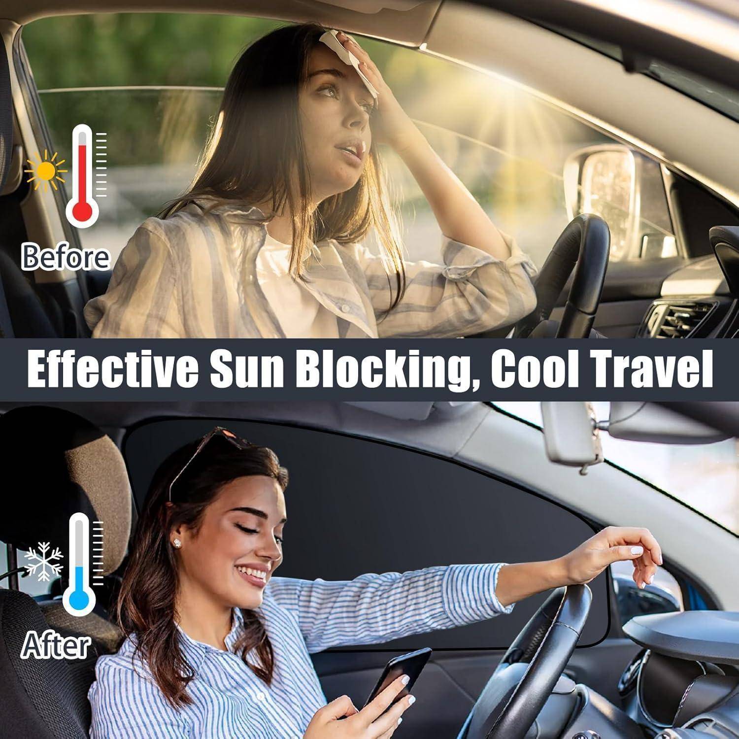 Vorher-Nachher-Autofoto mit Sonnenschutz: vorher, eine Frau blinzelt in intensiver Hitze; nachher, sie lächelt in einem kühleren, schattigeren Auto.