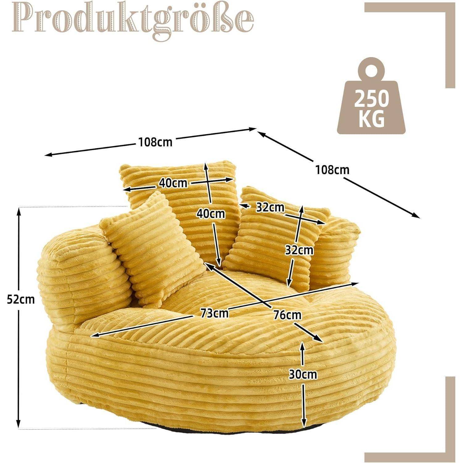 Diagramm eines gebogenen Kordsamtsofas mit Produktgröße: 108 cm breit/tief, 52 cm hoch, mit Sitz- und Kissenmessungen, 250 kg Gewichtslimit.