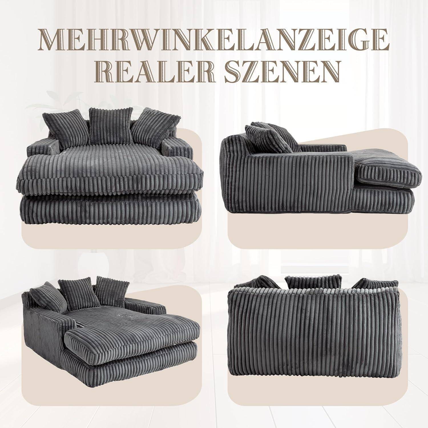 Vier Ansichten eines dunkelgrauen gerippten modularen Sofas; der Titel in deutscher Sprache lautet „MEHRWINKELANZEIGE REALER SZENEN