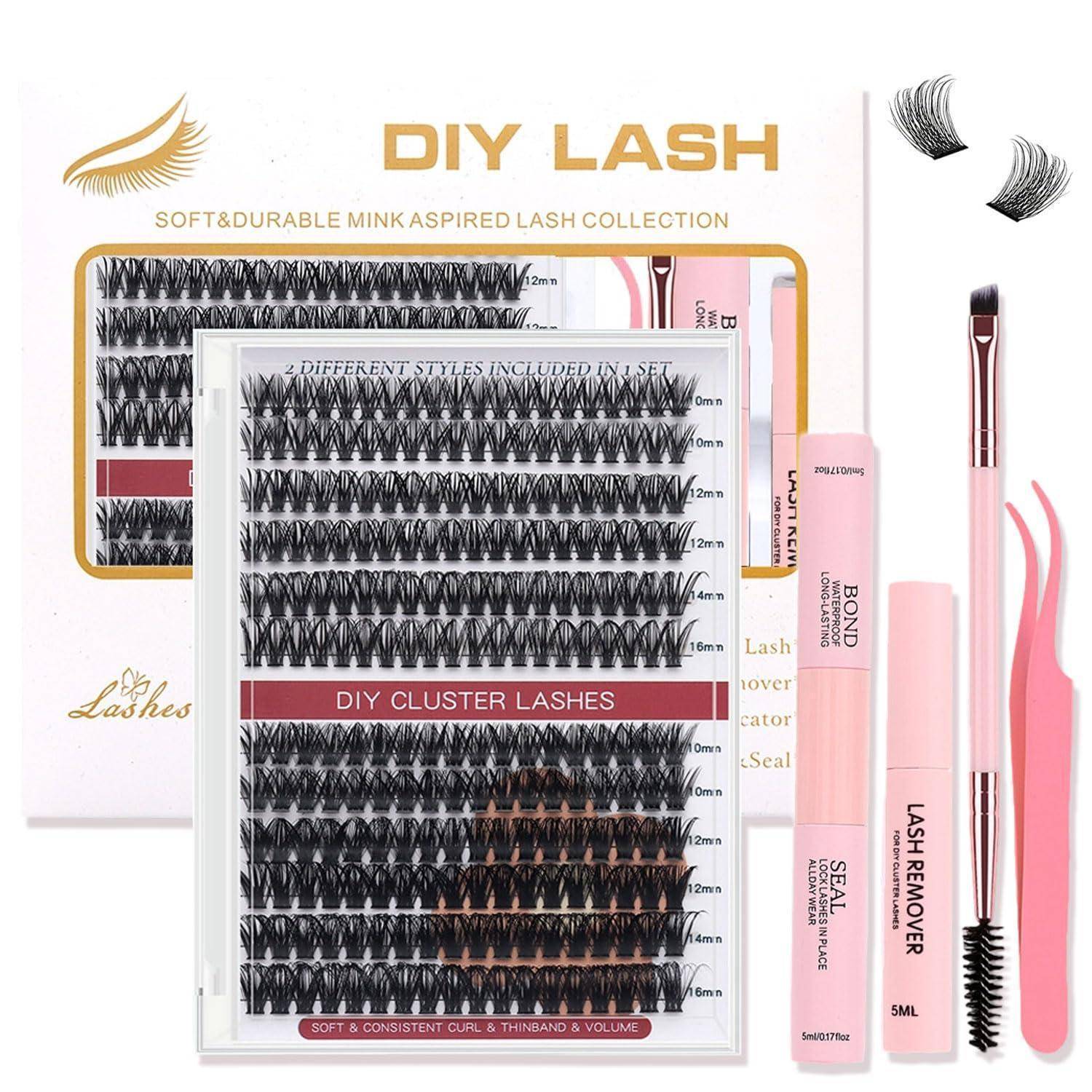 DIY-Wimpernkranz-Set mit Tablett gemischter Längen-Kunstwimpern, Kleber, Entferner, Versiegelung, Applikator-Werkzeug und Pinzette in rosafarbener Verpackung.
