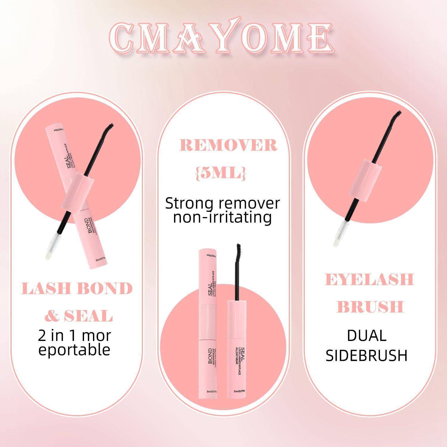 Werbegrafik für CMAYOME-Wimpernwerkzeuge mit drei Produkten: Wimpernkleber und Versiegelung, 15ml Entferner und doppelseitiger Wimpernbürste.
