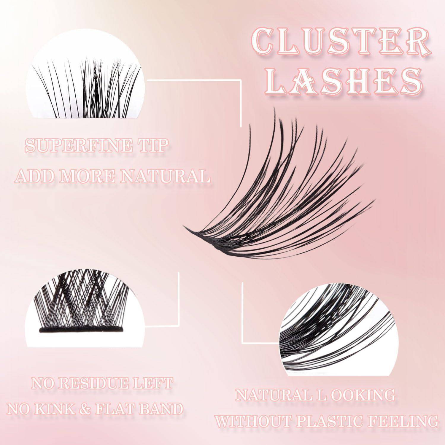 Diagramm von Cluster-Wimpern mit einer superfeinen Spitze für einen natürlichen Look, mit den Beschriftungen „Superfeine Spitze