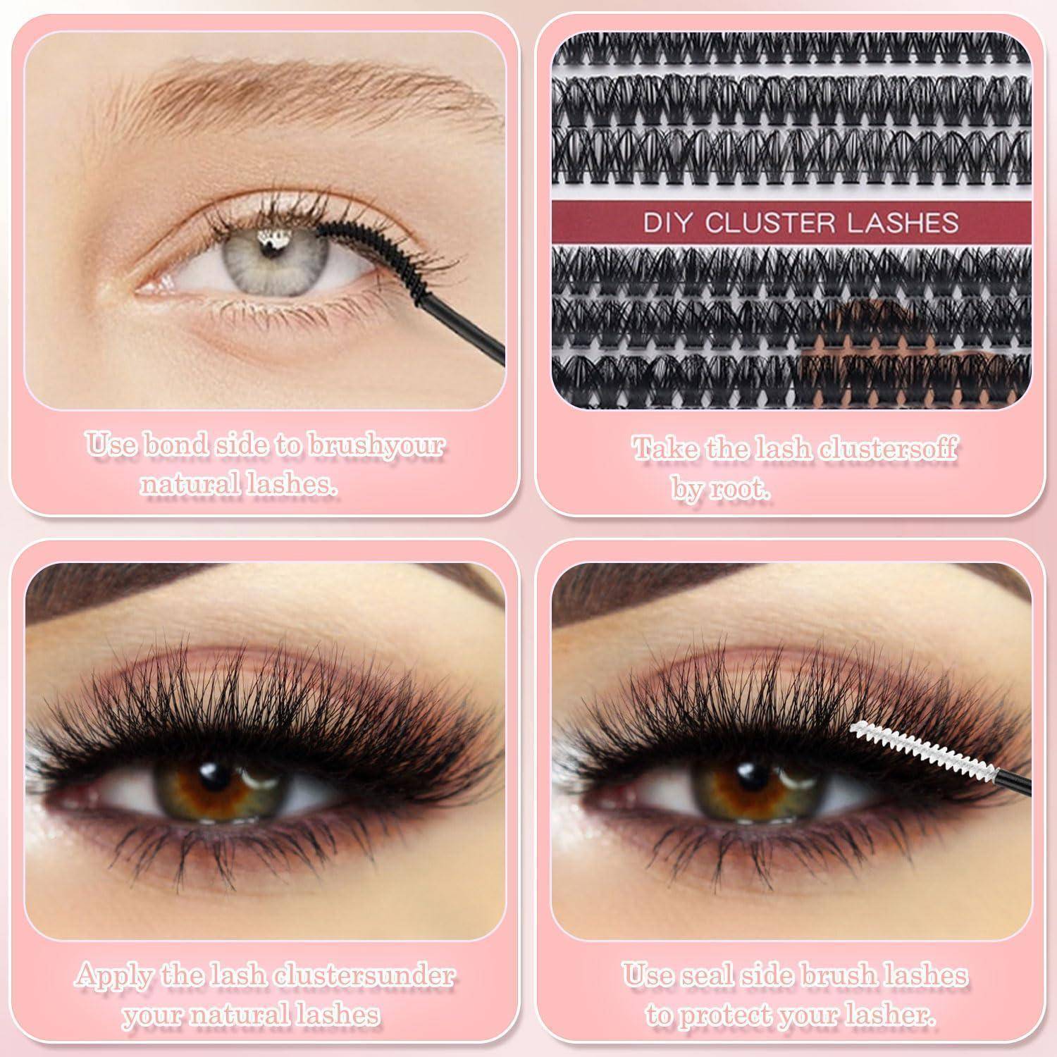 Vier-Panel-Anleitung zeigt das Anbringen von DIY-Wimpernbüscheln: Natürliche Wimpern bürsten, Wimpernbüschel entfernen, unter natürlichen Wimpern anbringen und dann versiegeln.