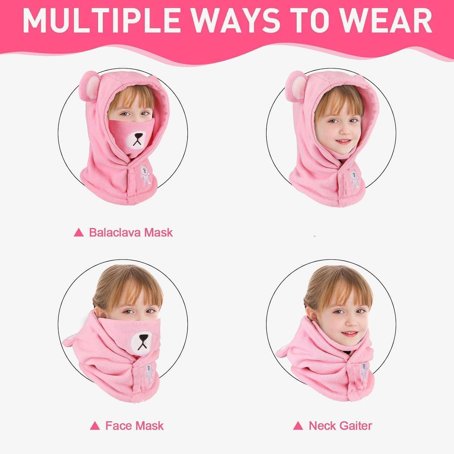 Infografik mit dem Titel "MEHRERE MÖGLICHKEITEN ZUM TRAGEN"" zeigt ein Kind in einer rosa Kapuzen-Gesichtsbedeckung, die als Balaklavamütze, Gesichtsmaske oder Halstuch getragen wird.