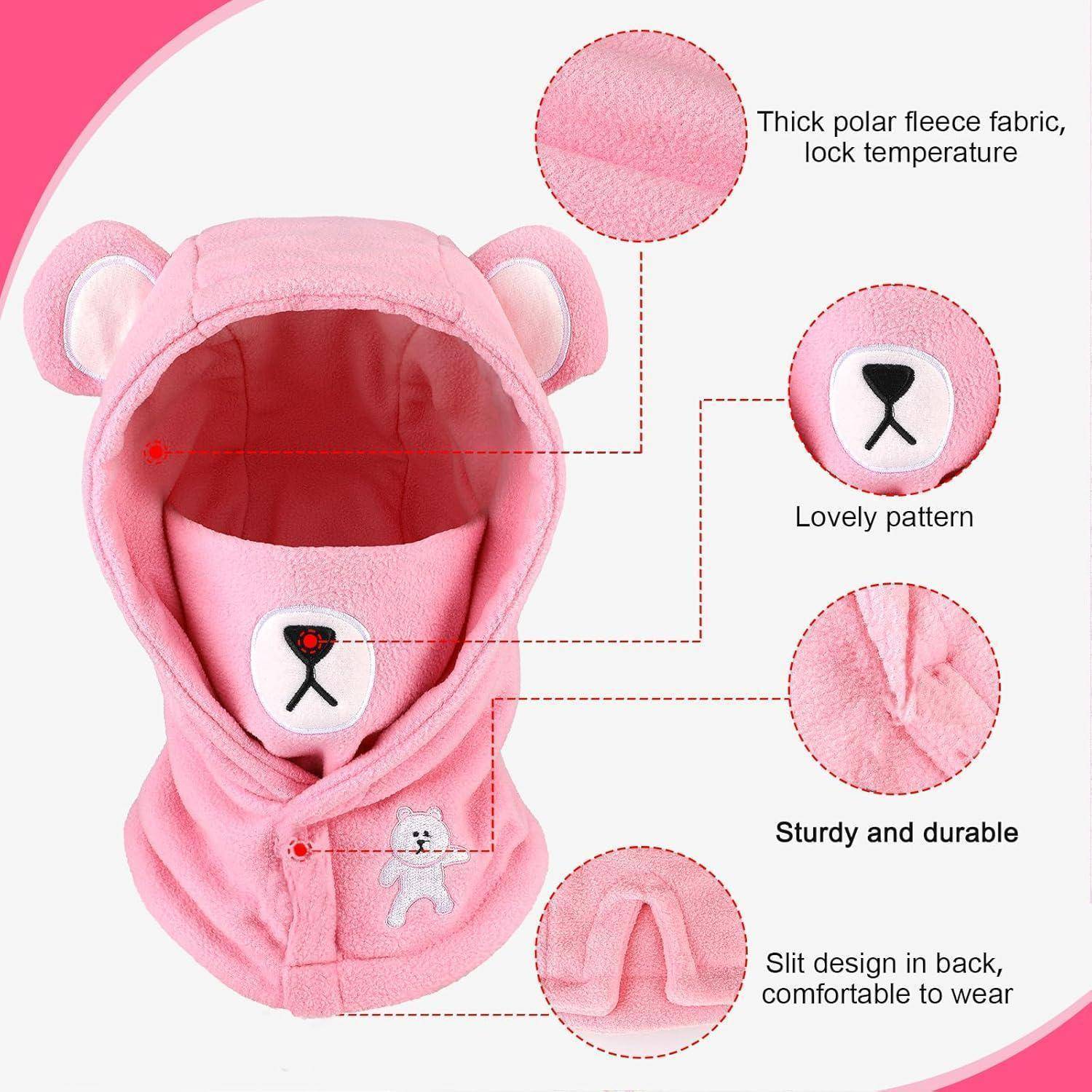 Rosa Teddybär-Kapuzen-Haustierkleidung, dargestellt mit Beschriftungen, die dickes Fleece, niedliche Bärengischtdetails, strapazierfähige Nähte und einen Rückenschlitz für zusätzlichen Komfort hervorheben.