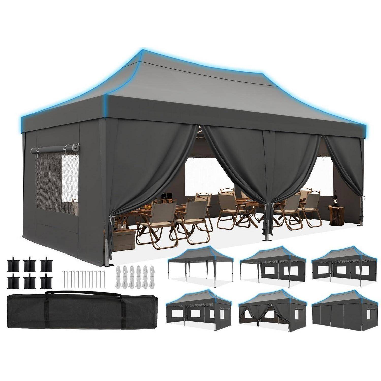 Grauer Pop-Up-Pavillon mit drapierlichen Seitenwänden, geöffnet dargestellt mit Terrassenstühlen und kleinen Tischen; Einfügungsbilder zeigen Montagekomponenten und Konfigurationen.