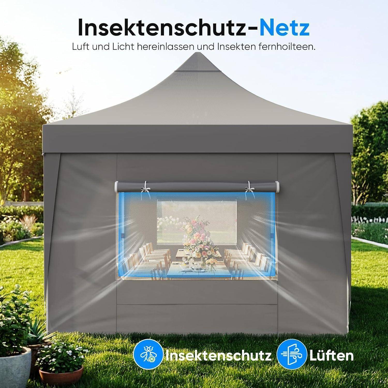 Grauer Insektenschutz-Zelt im Garten mit klarem Mesh-Fenster, auf dem „Insektenschutz-Netz" und der Text „Luft und Licht hereinlassen und Insekten fernhalten."" zu sehen ist.