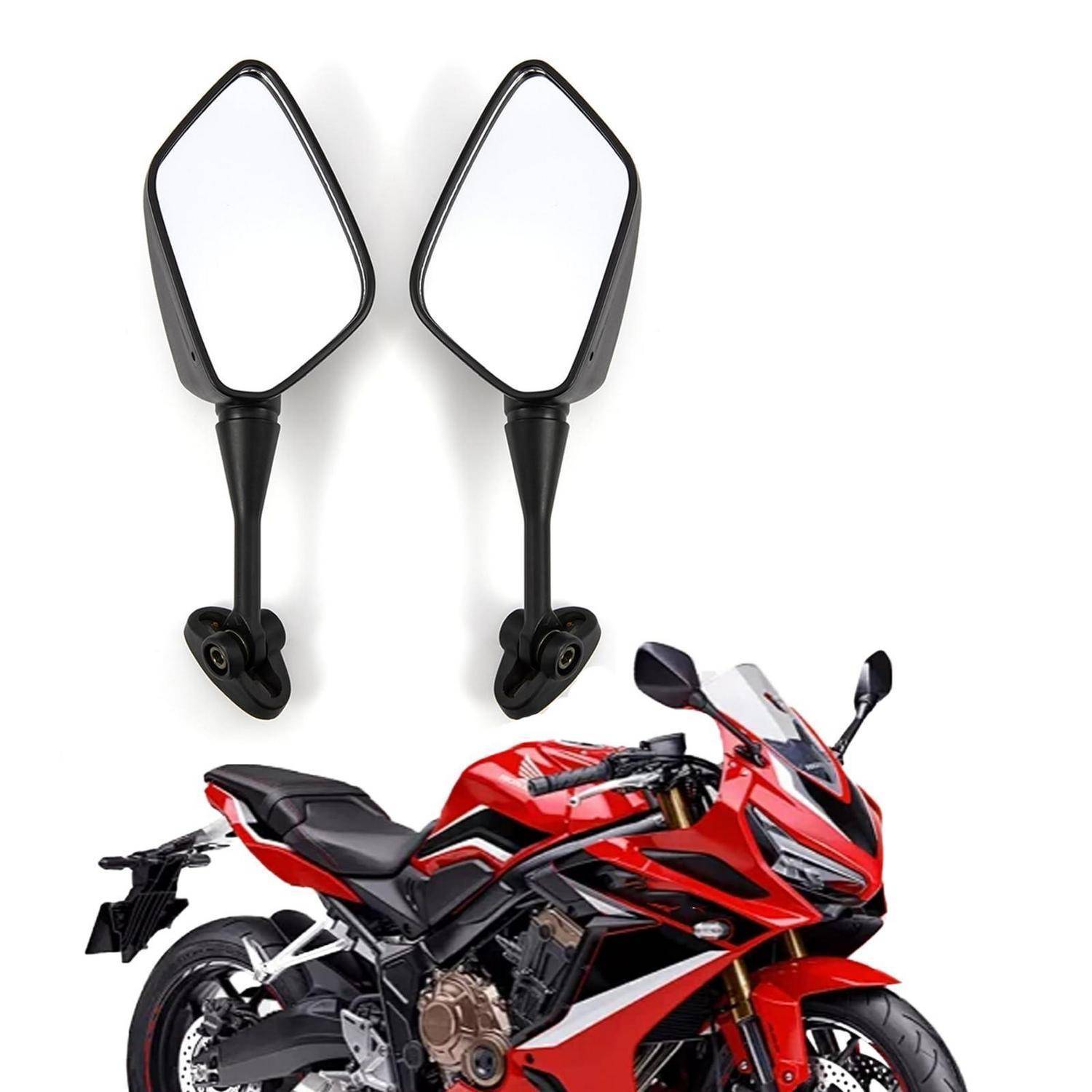 Rote Motorrad-Seitenspiegel, die oben an einem roten Sportmotorrad abgebildet sind, wahrscheinlich Produktbilder von Ersatzspiegelteilen für das Motorrad.
