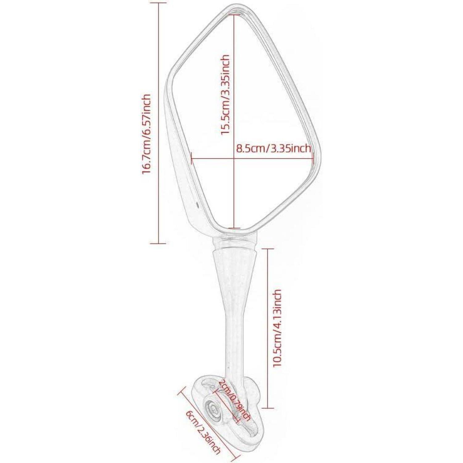Kommentierte technische Zeichnung eines spiegelartigen Geräts mit beschrifteten Abmessungen: 16,7 cm hoher Kopf, 15,5 cm innere Höhe, 8,5 cm Breite, 10,5 cm Griff, 6 cm Basis.
