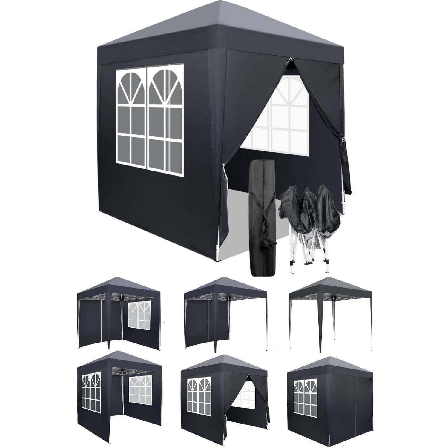Schwarzes Pop-up-Pavillon-Zelt mit Fensterfeldern und Seitengardinen, gezeigt in mehreren Aufbauansichten, einschließlich eines geschlossenen Zelts und offener Eingang mit Gewichten.