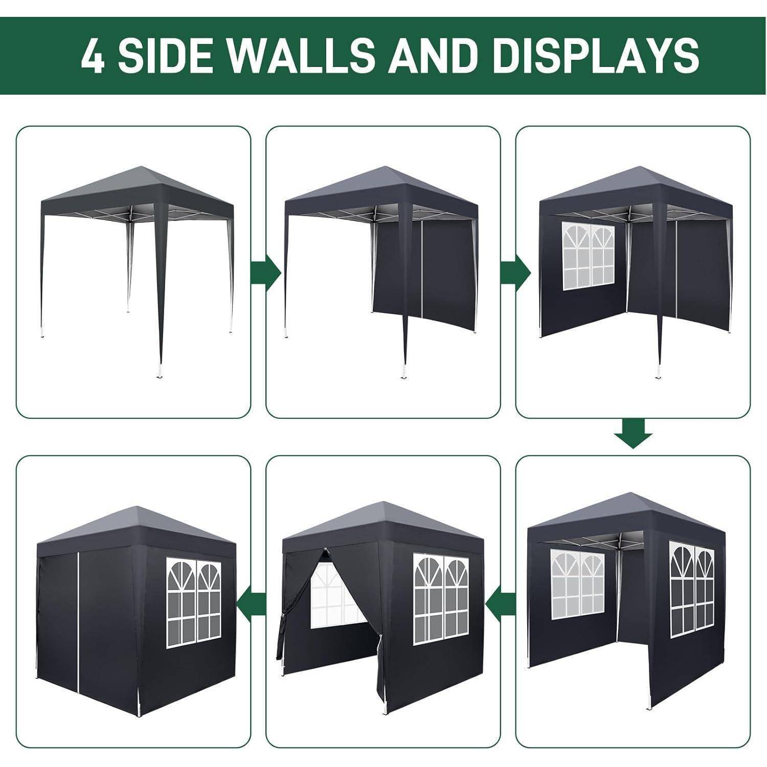 Diagramm mit dem Titel „4 SEITENWÄNDE UND DISPLAYS" zeigt ein Baldachindach mit vier austauschbaren Wandkonfigurationen, von offen bis vollständig geschlossen mit Fensterpaneelen.