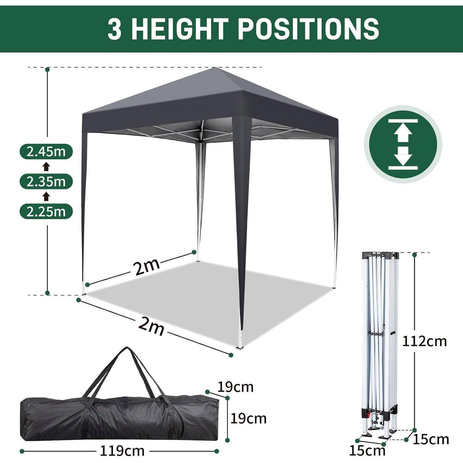 Diagramm eines Pop-Up-Pavillon-Zelts mit 3 Höhenpositionen: 2,25m, 2,35m, 2,45m; Zeltgröße 2m mal 2m, Packgröße 119cm mal 19cm mal 19cm, Rahmen 112cm mal 15cm mal 15cm.