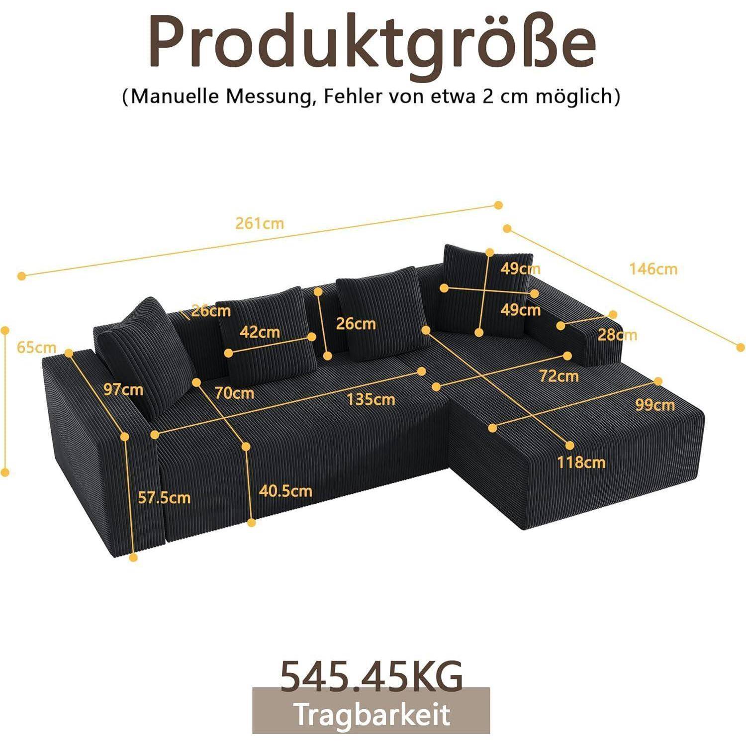 L-förmiges Ecksofa-Produktdiagramm mit Maßangaben in Zentimetern und Tragfähigkeit von 545,45 kg.